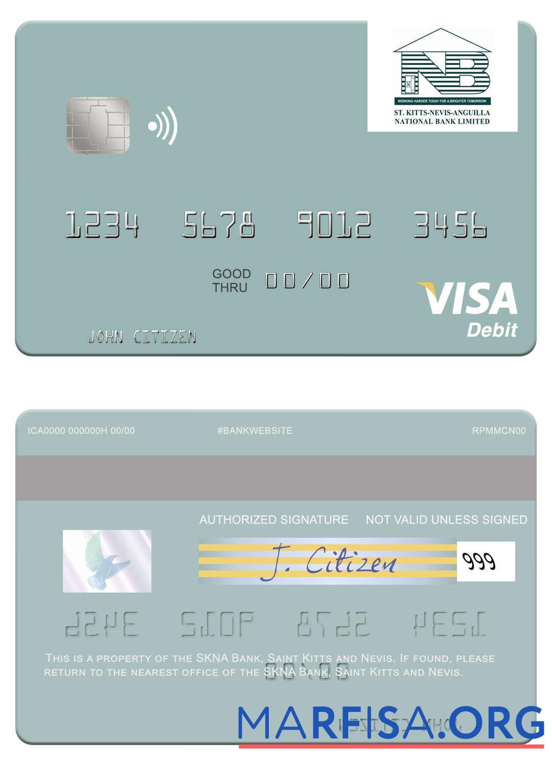 Blank Saint Kitts and Nevis SKNA Bank visa debit card sample